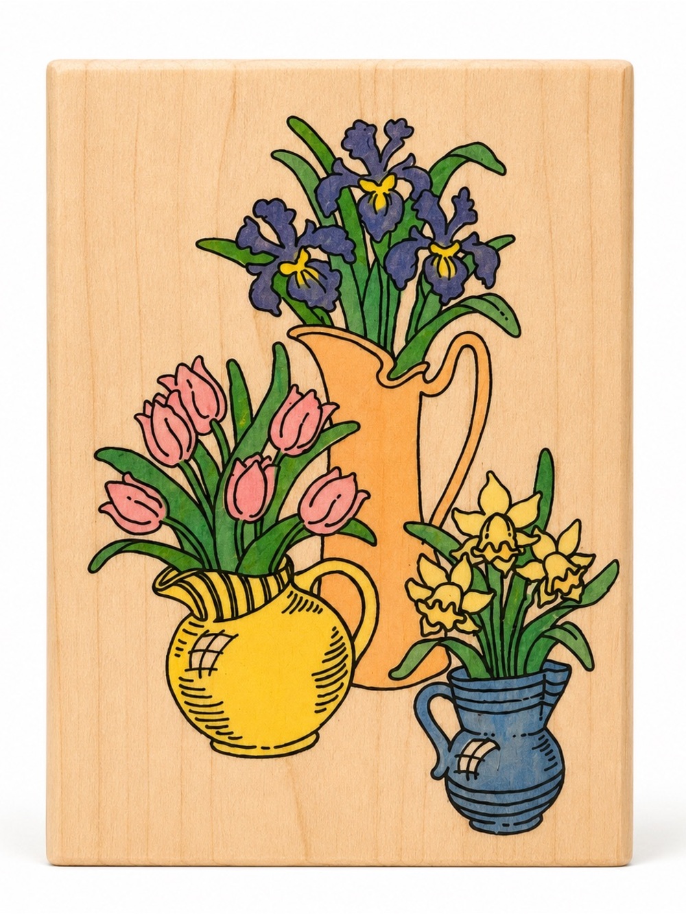 Vintage 1996 Stampendous Floral Wooden Stamp with Colorful Vases